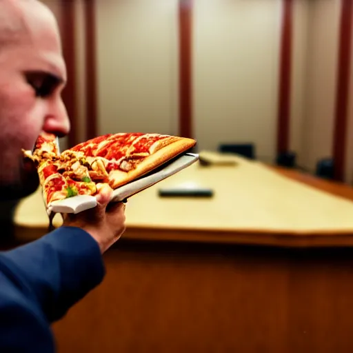 Image similar to gopro footage of a man made out of hotdogs eating a slice of pizza in a court room, iso 2 0 0, depth of field, cinematic, volumetric lighting