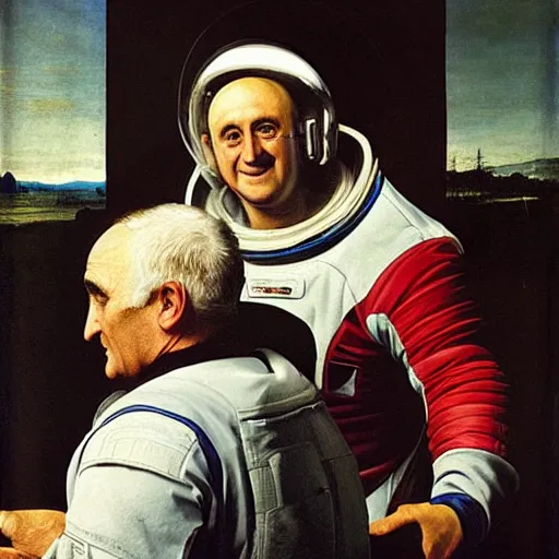 Image similar to Bertie Ahern wearing an astronaut helmet, painted by Caravaggio