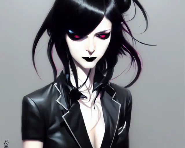 Image similar to a ultradetailed beautiful portrait panting of a stylish goth woman, wearing a shirt with a tie, dramatic, she has black hair, fashion, by hajime sorayama, makoto shinkai, greg rutkowski and conrad roset, trending on artstation