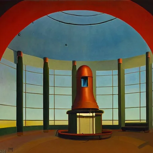 Prompt: death ray doomsday weapon observatory rotunda interior, dystopian, pj crook, edward hopper, oil on canvas