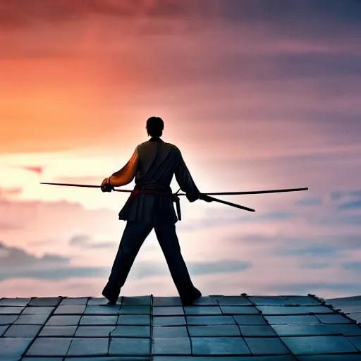 Image similar to a samouraï facing the sunset on a rooftop