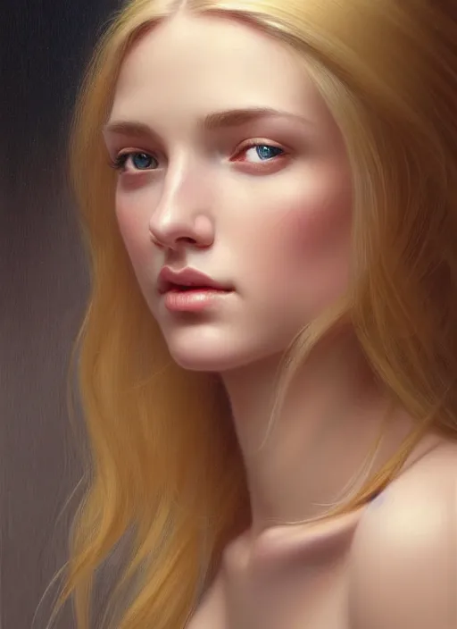 Prompt: beautiful face! portrait of young woman blessed with ever - increasing physical and mental perfection, realism, blonde hair, perfect face!! intricate, elegant, highly detailed, vision of holy perfection!! digital painting, artstation, concept art, smooth, sharp focus, illustration, humanity, art by artgerm and greg rutkowski and alphonse mucha