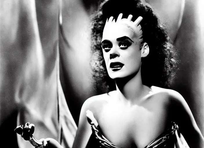 Image similar to editorial portrait, bride of frankenstein ( 1 9 3 5 ) as teen, still from the movie beetlejuice, cinematic