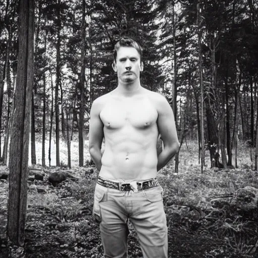 Prompt: black and white portrait of ryan winter in the forest