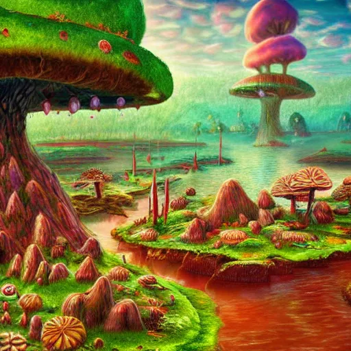 Prompt: surreal fungal kingdom, dmt, landscape, river, trending on artstation, detailed, realistic, photo