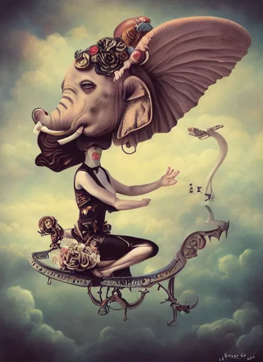 Prompt: pop surrealism, lowbrow art, psychic flying tandem war elephant, rococo, natalie shau, loreta lux, tom bagshaw, mark ryden, trevor brown style,