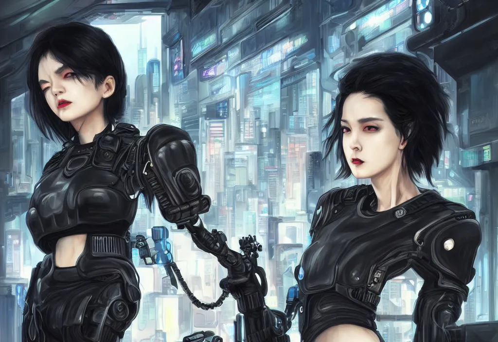 Prompt: portrait chill black hair of futuristic symmetrical face female police, black armored uniform, tatoo, at rooftop futuristic cyberpunk feel tokyo, ssci - fi and fantasy, neon light, intricate and very very beautiful, digital painting, artstation, concept art, smooth and sharp focus, illustration, art by tian zi and wlop and alphonse mucha, frostbite engine