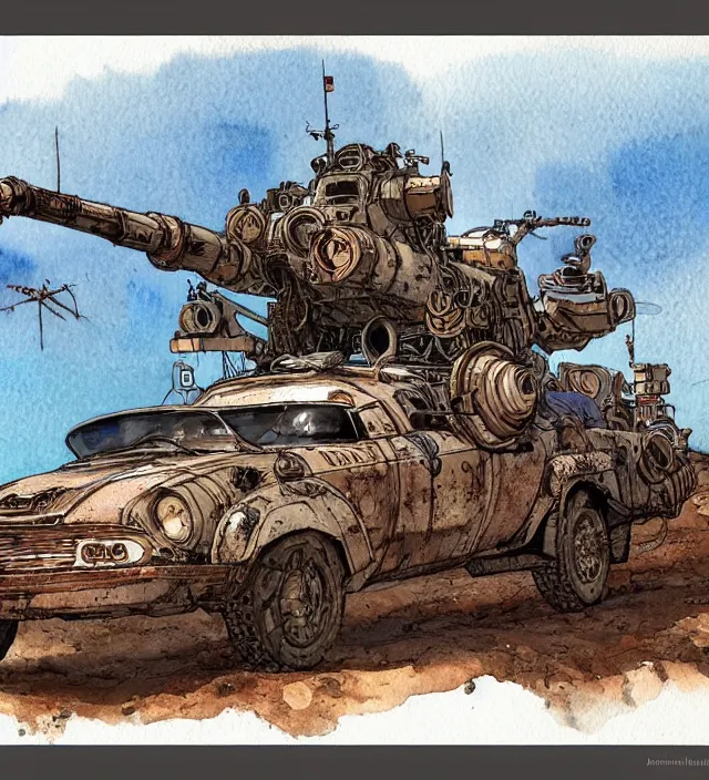 Image similar to a 3 / 4 view watercolor ink painting of a post - apocalyptic mad max / fallout style tank in the style of jean giraud in the style of moebius trending on artstation deviantart pinterest detailed realistic hd 8 k high resolution