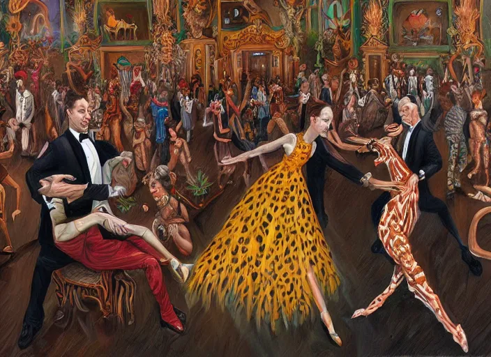 Prompt: a ballroom dance with 🦓🦒, 8 k lowbrow oil on canvas, in the style of greg simkins!