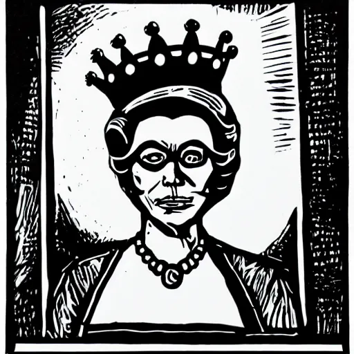 Prompt: queen elizabeth as masked thief, lino print