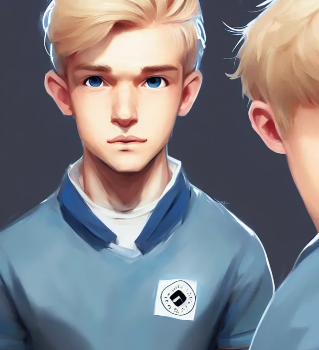 Image similar to character concept art of a cute young german boy with blond hair and bluish eyes, wearing a laboratory wear. lovely - fine - face, pretty face, key visual, realistic shaded perfect face, fine details by rossdraws, james jean, andrei riabovitchev, marc simonetti, sakimichan, trending on artstation