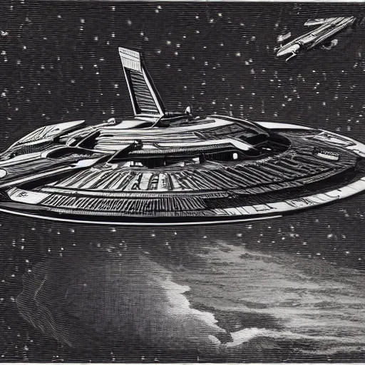 Prompt: woodcut of starship enterprise, star trek, by gustave dore