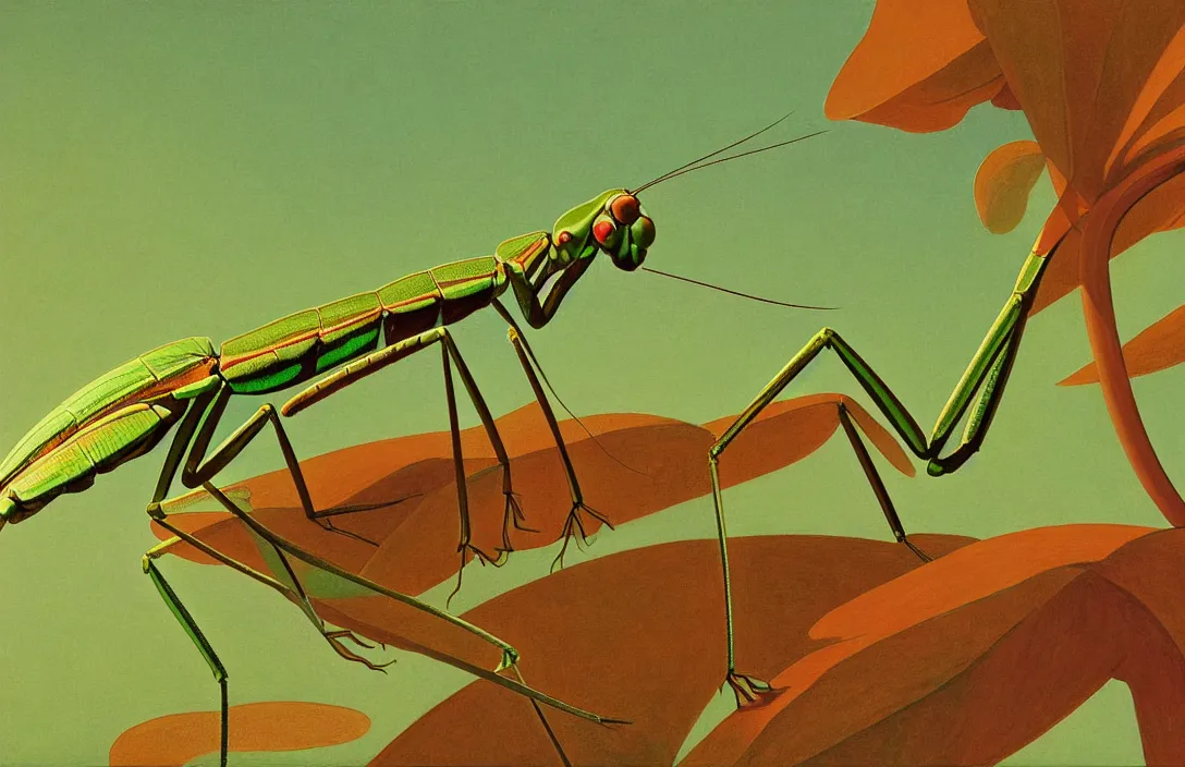 Image similar to implied lines, 4 k criterion collection remastered cinematography a praying mantis eating a dragonfly, photo realistic postprocessing interpolated by syd mead, claude gellee painting by james audubon