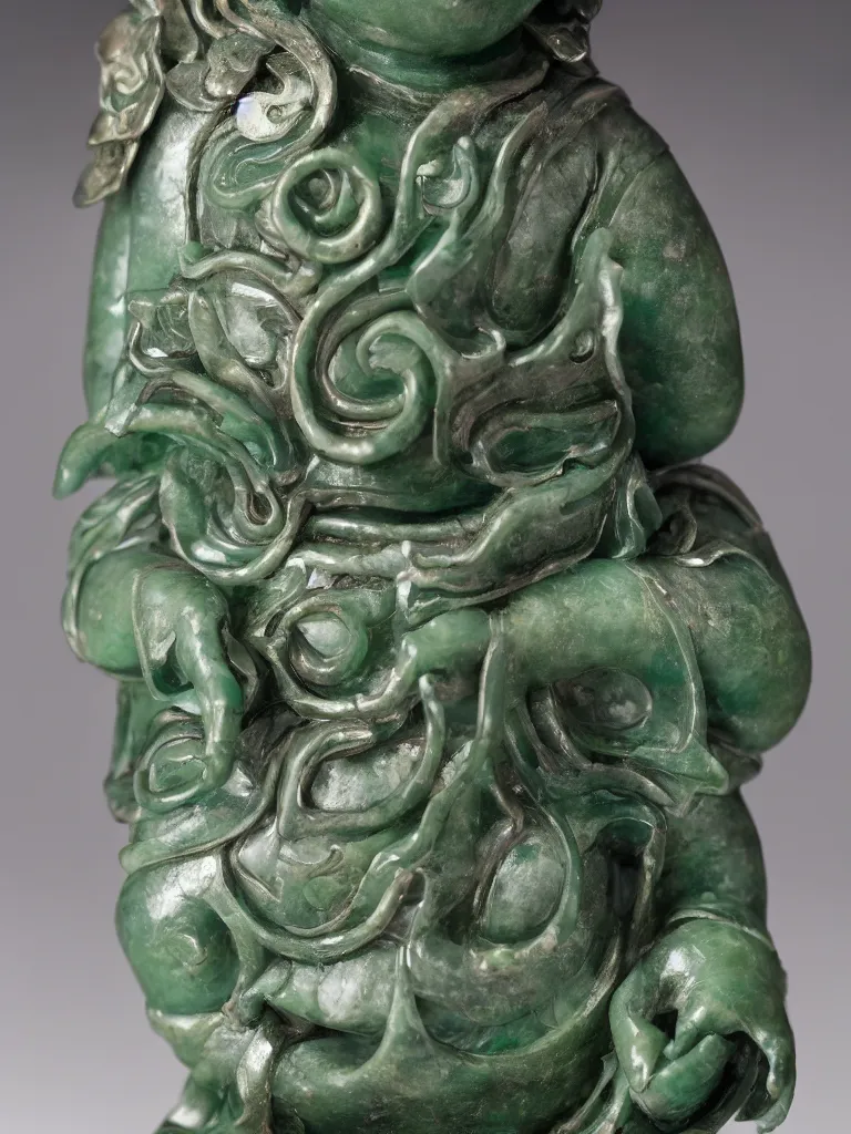 Image similar to beautiful detailed jade sculpture of meditating buda with with metal lotus flower on his head, in a gallery setting, influenced by ruan jia and greg rutkowsk. professional studio photo, full object in middle, well centered, 1 5 0 mm lens, high definition