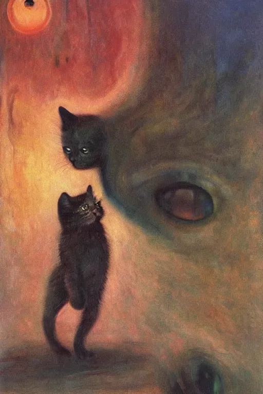 Prompt: tiny kitten meets a colossal space monster, oil painting by Edvard Munch, Zdzislaw Beksinski