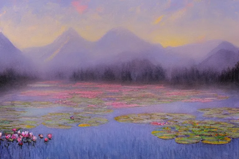 Image similar to impressionism painting of a pond of water lily on a foggy morning, sun low on horizon through snow capped mountains, soft light, misty