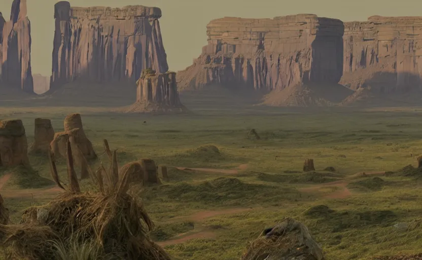 Image similar to a hyperrealist cell - shaded cartoon movie still from howl's moving castle ( 2 0 0 4 ) of a city in a flooded monument valley. rainforest stonehenge is seen in the background with shafts of sunlight from above. very dull muted colors, hd, 4 k, hq