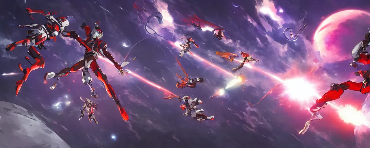 Image similar to fantasy epic monkey gunfight in space, laser guns, anime, evangelion, concept art, 4 k