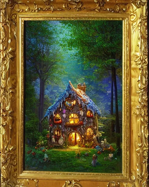 Prompt: an oil painting of a candy - covered gingerbread witch's house in the forest, by thomas kincade, ivan shiskin, and james gurney