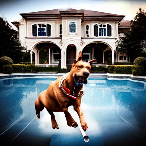 Image similar to a very detailed photo of a dog ( smoking a cigar ) outside the mansion by the pool