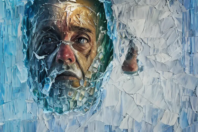 Image similar to palette knife oil painting of a patient at a mental asylum who is frozen with ice, extreme detail, artstation trending, artgerm, any racial background, deviant art, octane, substance, art history 8 k