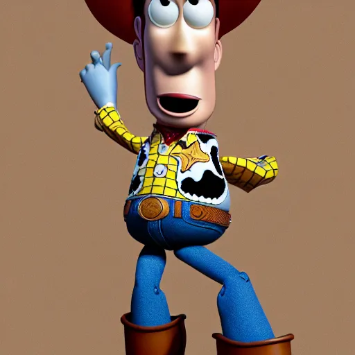 Image similar to Photorealistic toy story woody in the style of ren and stimpy. Hyperdetailed photorealism, 108 megapixels, amazing depth, glowing rich colors, powerful imagery, psychedelic Overtones, 3D finalrender, 3d shading, cinematic lighting, artstation concept art