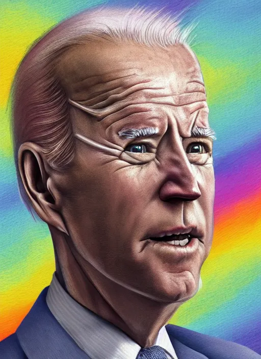 Prompt: Joe Biden as a transgender woman, very old and sleepy, wrinkles, maniac look, rainbow hair, ugly, gross, realistic, beta male, accurately portrayed, portrait art by Hieronymus Bosch, highly detailed, digital painting, concept art, illustration, transgender flag displayed, trending on artstation, very detailed, smooth, sharp focus, octane render, close up