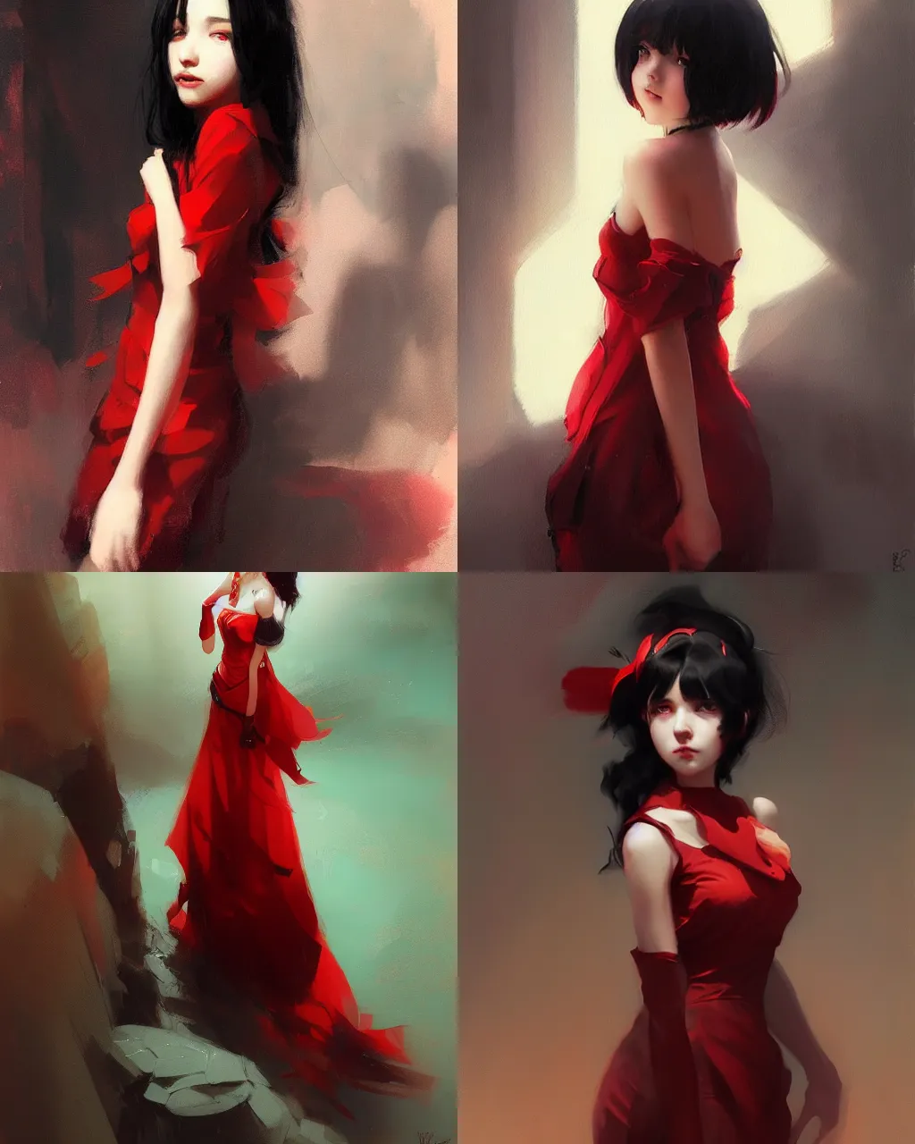 Prompt: girl with black hair and red dress, half - length photo, soft lighting, by wenjun lin an krenz cushart, wide angle