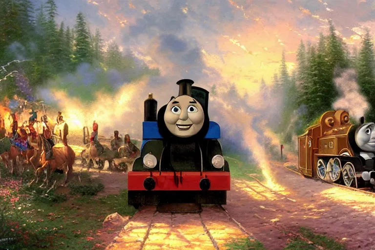 Prompt: thomas kinkade painting of thomas the tank engine being attacked by indians on horses