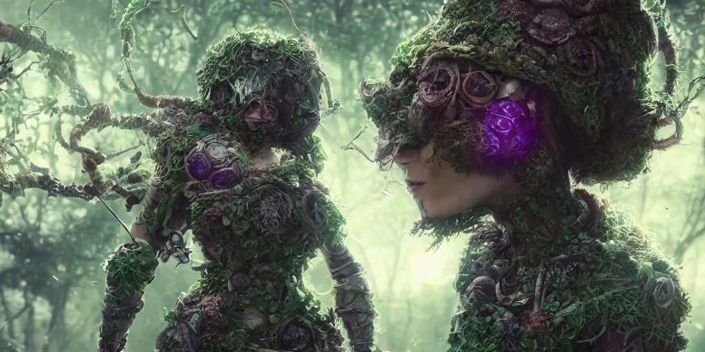 Image similar to knit female earth mage, high quality character design, action pose : : spotlight, magicpunk, biopunk, forestpunk, forest, mushrooms, high detail, 8 k, oled, shadows, reflections, digital art, official art, octane render, dynamic camera angle, unreal engine, dollpunk