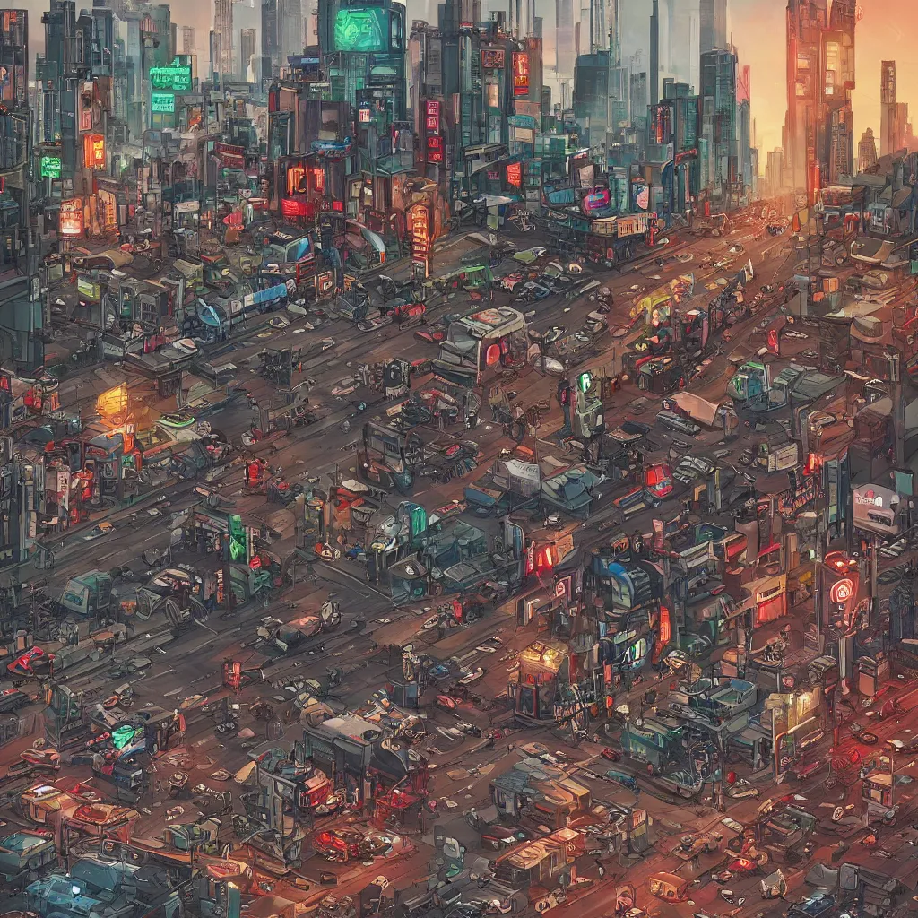 Prompt: A stunning comic book cover illustration of a dystopian city traffic intersection, with walking humanoid figures and mechanical vehicle traffic, service robots, cyberpunk strip clubs, pimps, prostitutes, gangs, vandals and vagrant broken cyborgs on the sidewalk, with line art by Michael Golden and colors by Lovern Kindzierski, cinematic, highly microdetailed, vray render, 8k, sparse dark atmosphere of trashiness and street filth, perfect digital art, sleazy dark future, highly hyperdetailed and microdetailed, perfect buildings and infrastructure, cyberpunk, sci-fi, Dark Horse Comics, Hard Boiled, dim lights, sharp focus, highly hyperdetailed