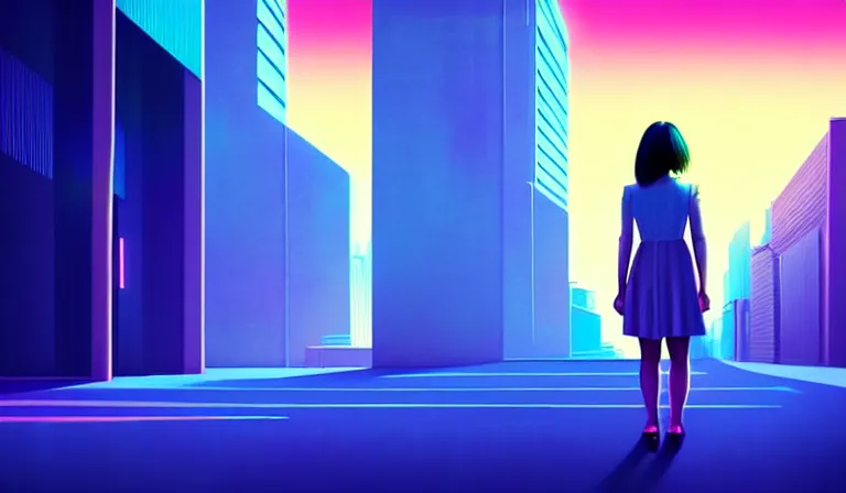 Image similar to a beautiful and immaculate futuristic city. the silhouette of a young japanese girl standing in an alleyway. vaporwave ombre rendering. outrun style. trending on artstation. recommended for you behance. by chris moore. by edward hopper. beeple colors.