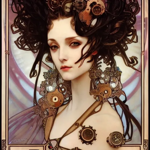 Prompt: realistic detailed face portrait of a Steampunk Marie Antoinette by Alphonse Mucha, Ayami Kojima, Amano, Charlie Bowater, Karol Bak, Greg Hildebrandt, Jean Delville, and Mark Brooks, Art Nouveau, Neo-Gothic, gothic, rich deep moody colors