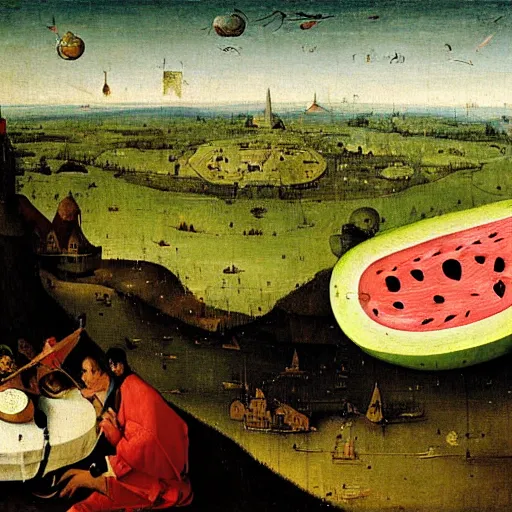 Prompt: A painting of a levitating giant watermelon, sliced in half, with a medieval town on it, above a sea of clouds by Hieronymus Bosch