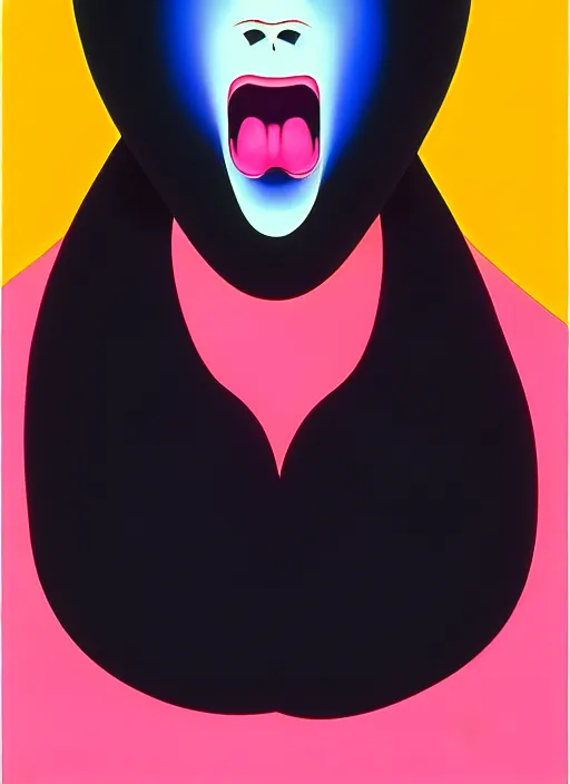 Image similar to japanese animation, portrait closeup of screaming black glossy dark carbon big woman, sensual pose, by shusei nagaoka, kaws, david rudnick, airbrush on canvas, pastell colours, cell shaded, 8 k