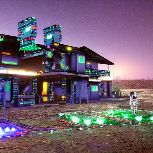 Image similar to cybernetic futuristic ndebele homestead seen from the front, highly detailed, octane rendered, night scene