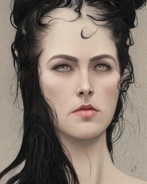 Image similar to portrait of a tall 4 0 - year - old woman with thin lips, long, lush black hair gathered on the head bun, and thick eyebrows, haughty facial expression, wearing in black clothes, aristocratic appearance, hyper realistic face, beautiful eyes, close up, fantasy art, in the style of greg rutkowski, intricate, alphonse mucha, hyper detailed, smooth