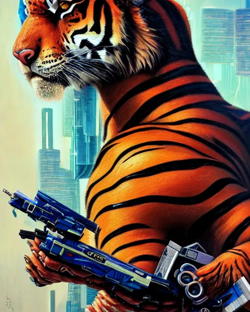 Image similar to a portrait of a muscular anthropomorphic cyberpunk tiger by sandra chevrier, by jon foster, detailed render, pistol in holster, tape deck, epic composition, cybernetics, 4 k realistic, cryengine, realistic shaded lighting, sharp focus, masterpiece, by enki bilal