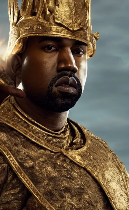 Image similar to Portrait of Kanye West as Emperor Napoleon in Skyrim, splash art, movie still, cinematic lighting, dramatic, octane render, long lens, shallow depth of field, bokeh, anamorphic lens flare, 8k, hyper detailed, 35mm film grain