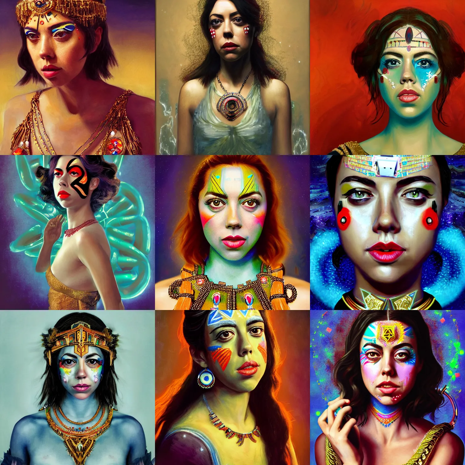 Prompt: aubrey plaza as the goddess of retro consoles. intricate jewelry and face paint, flowing clean 4 k art trending on artstation by monet, rembrandt, oil painting, digital