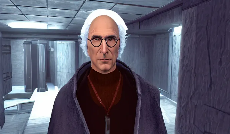 Image similar to Larry David wearing a shady cloak selling you body modification drugs, System Shock 2, Deus Ex, Perfect Dark, Half Life, Source Engine, Quake, Unreal Tournament