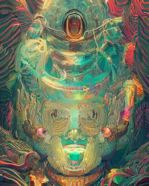 Prompt: highly detailed vfx portrait of tiki, global illumination, detailed and intricate environment by james jean, liam brazier, petros afshar, victo ngai and tristan eaton
