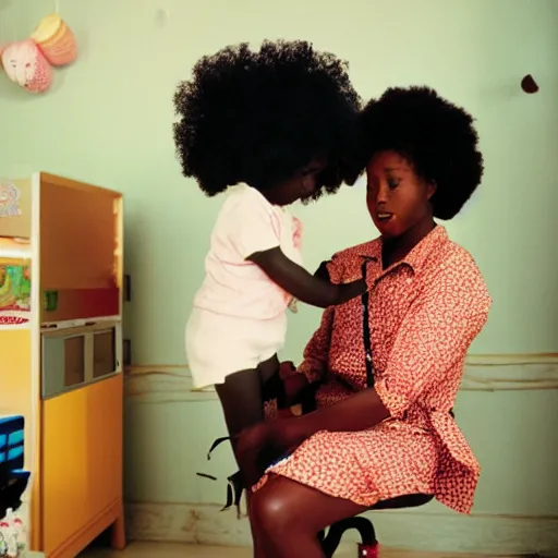 Prompt: afro woman brushing her daughter's hair, retro room, 8 0 s, nostalgic, disposable film