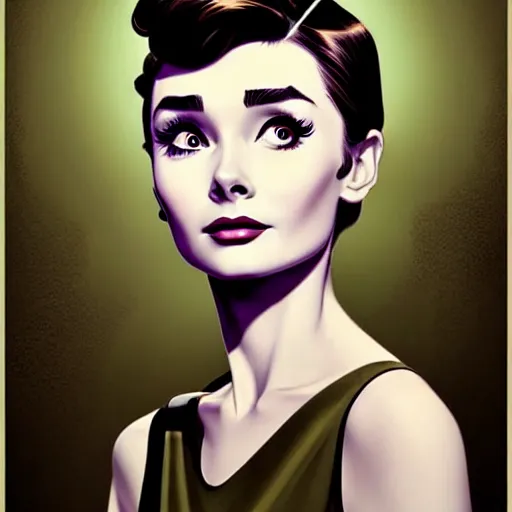 Image similar to in the style of joshua middleton, artgerm, beautiful audrey hepburn, steampunk, bioshock, elegant pose, middle shot, spooky, symmetrical face symmetrical eyes, three point lighting, detailed realistic eyes, short neck, purple and green top clothing, insanely detailed and intricate elegant