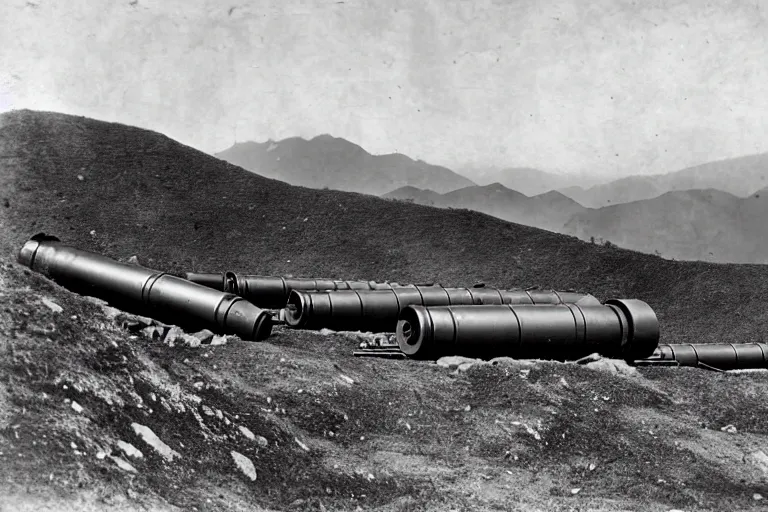 Image similar to 1 5 5 mm artillery in trenches with a beautiful background of hills and mountains, black and white photography, 1 9 2 5