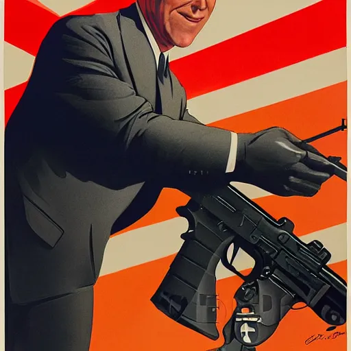 Image similar to propaganda poster of joe biden pointing gun directly at camera in james bond mobie, closeup of gun, visible barrel and grip by j. c. leyendecker, bosch, lisa frank, jon mcnaughton, and beksinski