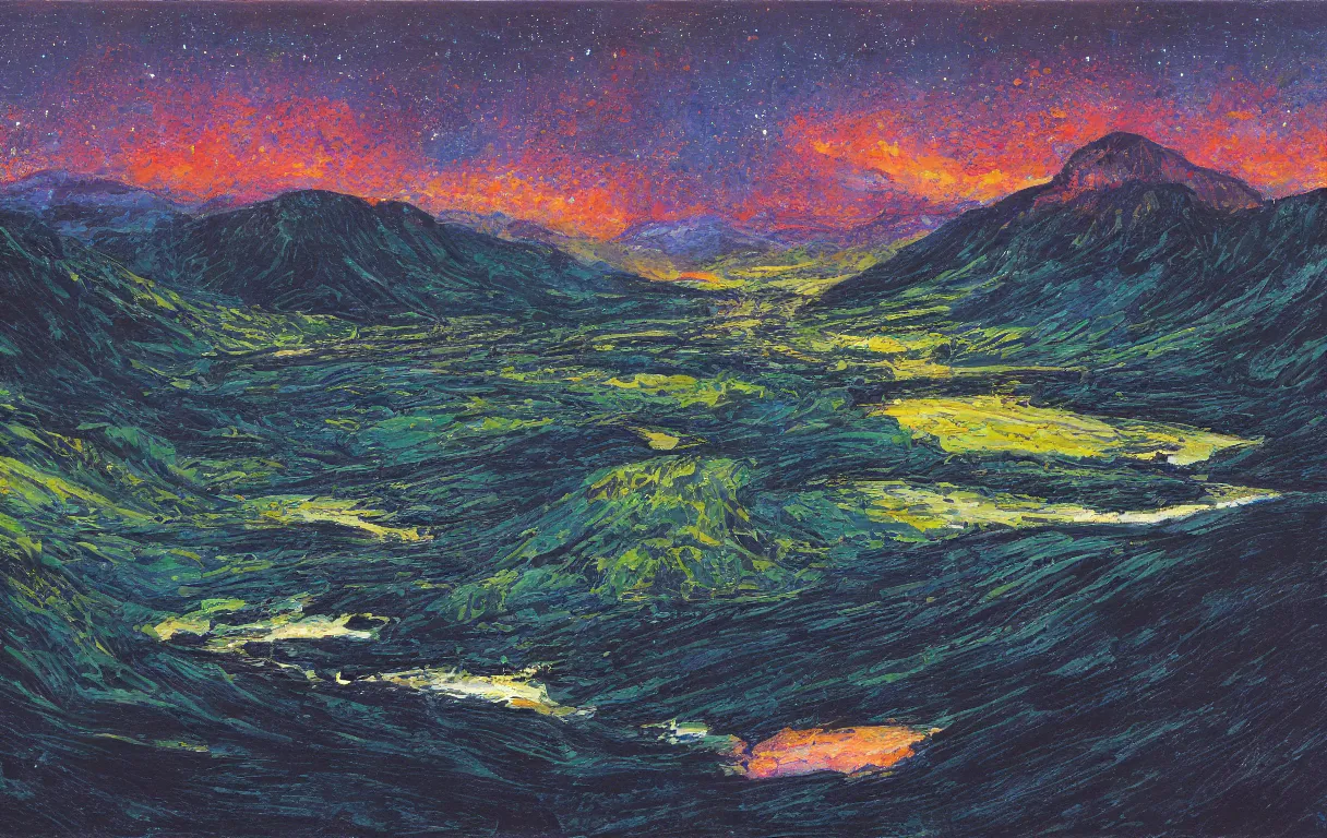 Prompt: Realist colorful impasto painting of the Salmon River mountain valley at midnight by John Harris, stars in the inky black sky reflect on the darkest blue river surface, 4k scan, HDR, oil on canvas, visible brushstrokes