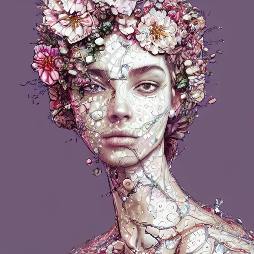 Image similar to the portrait of an absurdly beautiful, graceful, elegant, sophisticated, fashionable young woman made of strawberries and white petals with tears, an ultrafine hyperdetailed illustration by kim jung gi, irakli nadar, intricate linework, bright colors, octopath traveler, final fantasy, unreal engine 5 highly rendered, global illumination, radiant light, detailed and intricate environment