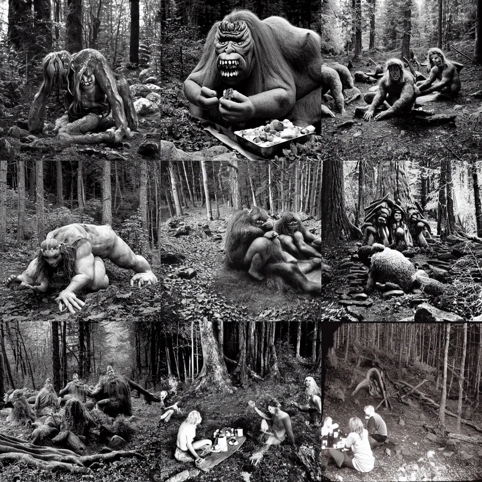 Prompt: night - time night flash photograph of large mountain trolls eating picnic mythical fantasy norwegian trolls in forest, flash photograph, black and white, blair witch project, creepy, scary ( 1 9 9 0 )