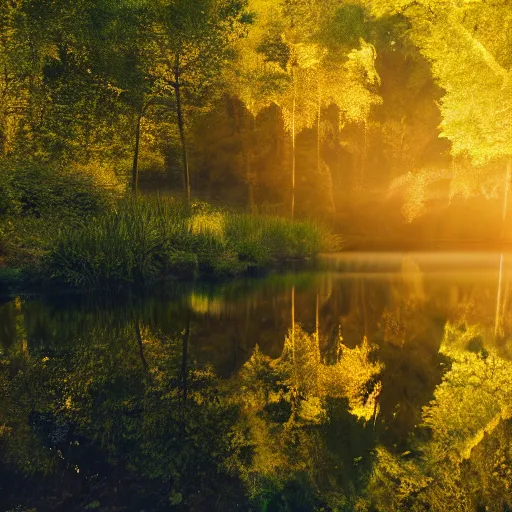 Image similar to river in a forest, golden hour, ray tracing reflection, 8k, hyper realistic